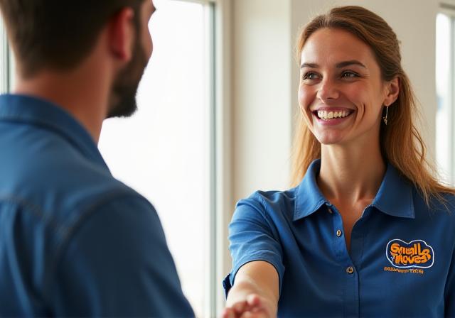 Small Moves team member shaking hands with a happy customer in Largo