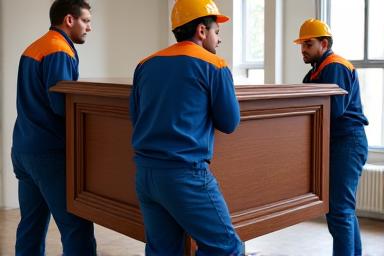 Experienced movers carefully maneuvering a piano with specialized equipment