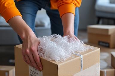 Professional movers carefully packing items in a residential living room